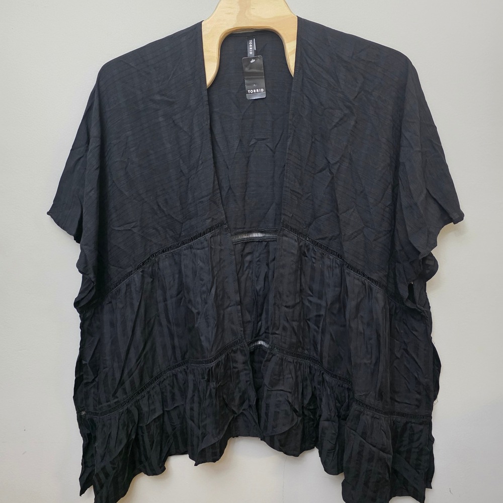 Torrid Kimono Wrap Womens OS Black Boho Tiered Ruffle Ladder Lace  NEW